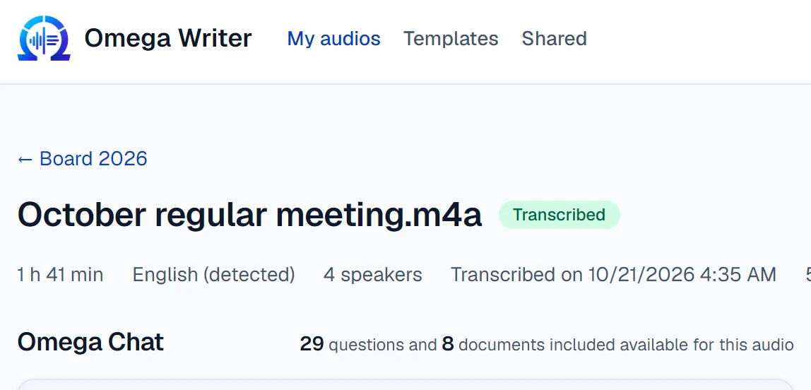 Chat answer listing the meeting’s actions, each with the minute it was said.