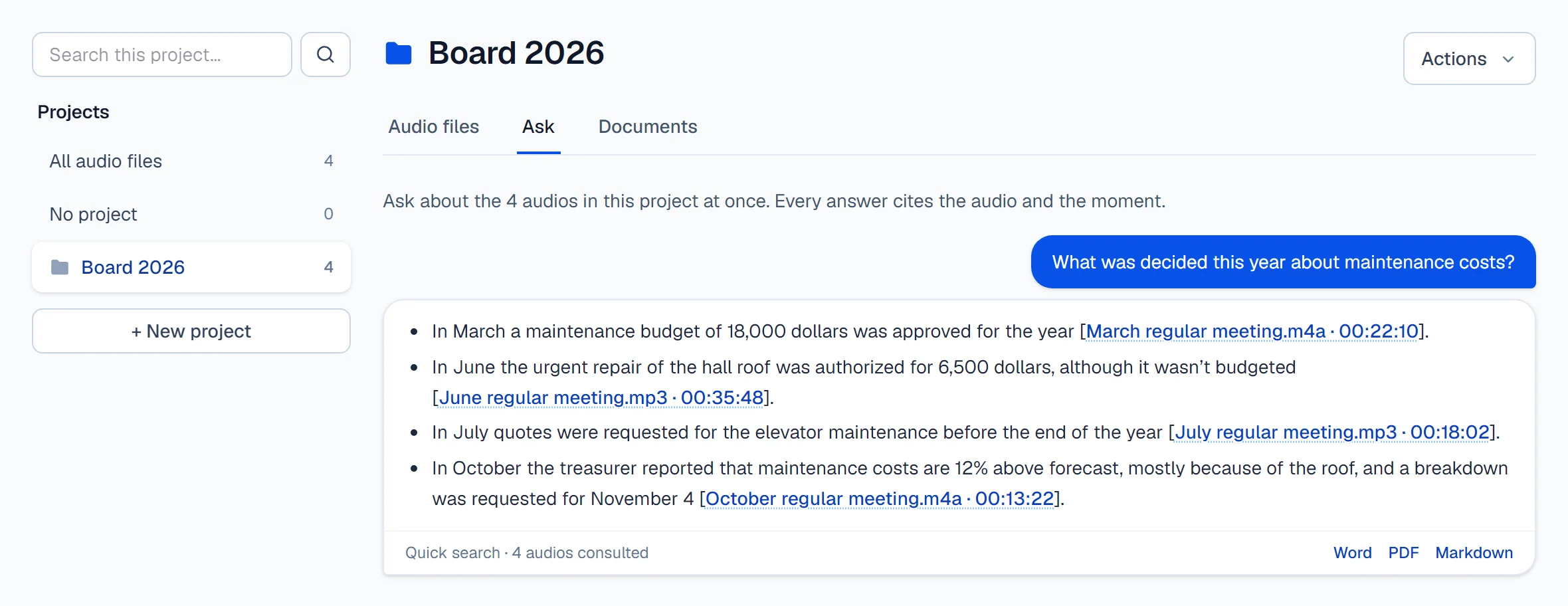 A question to a whole project, citing four different meetings.