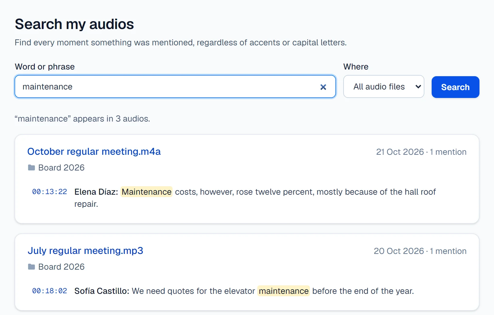 Search for a word across every recording, with the minute of each mention.