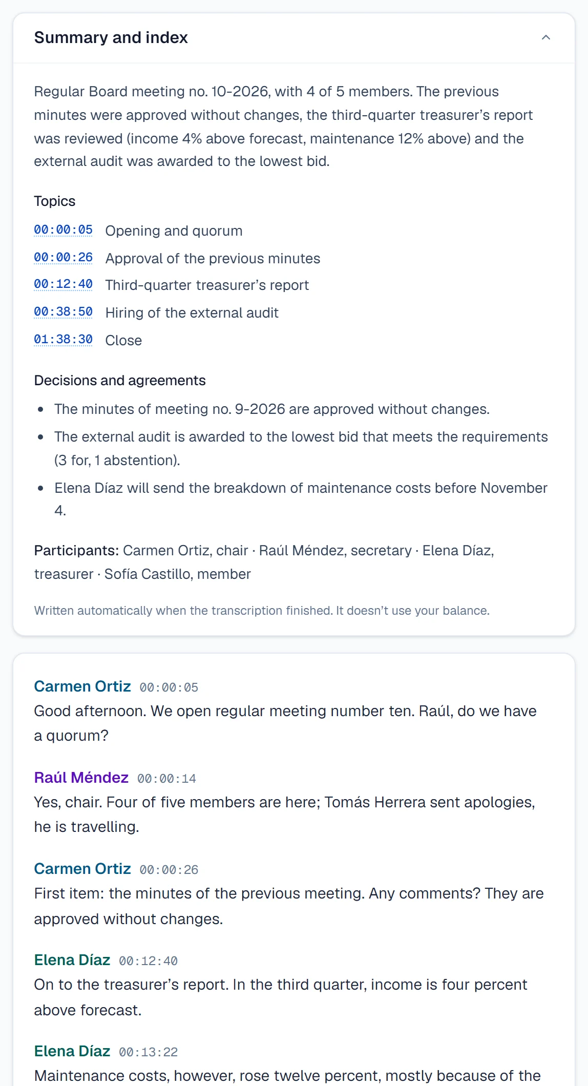 Summary, topic index and transcript with speakers of a board meeting.