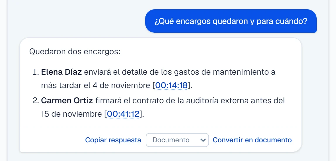 Respuesta del chat con los encargos de la sesión, cada uno con el minuto en que se dijo.