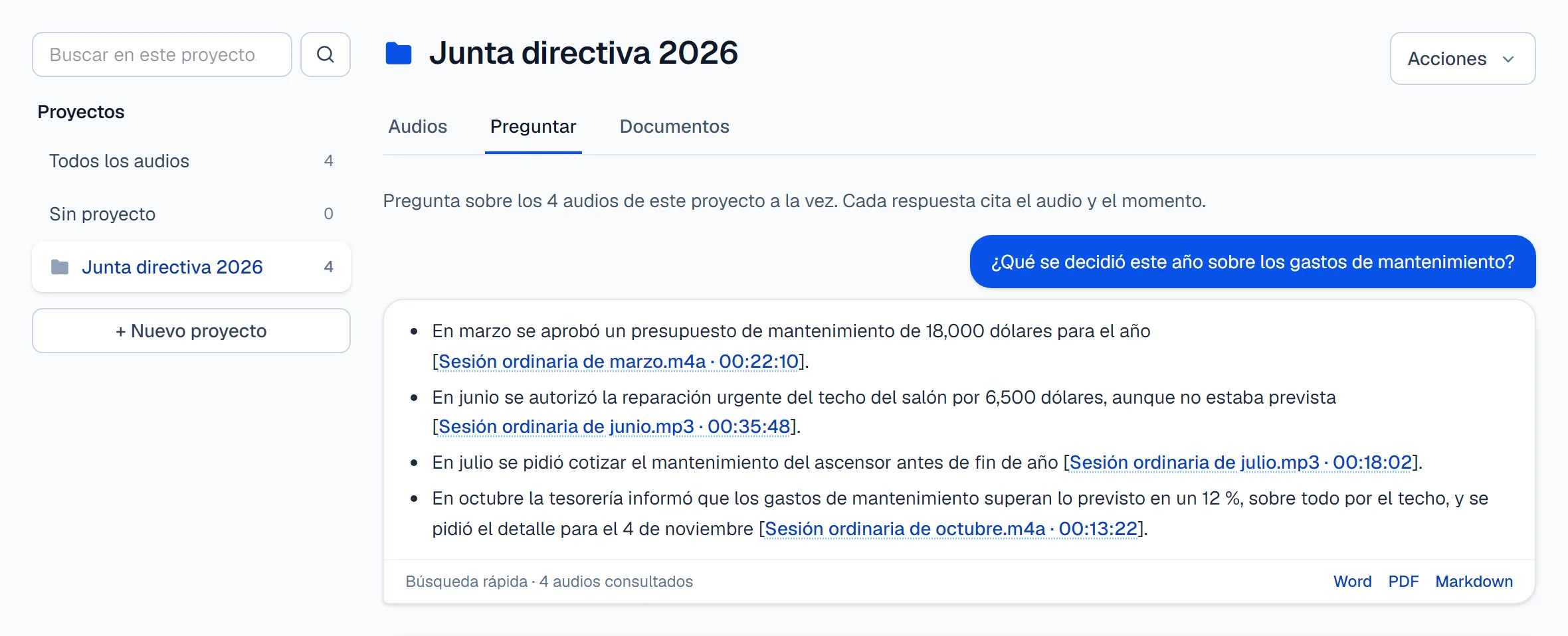 Pregunta a todo un proyecto, con citas a cuatro sesiones distintas.