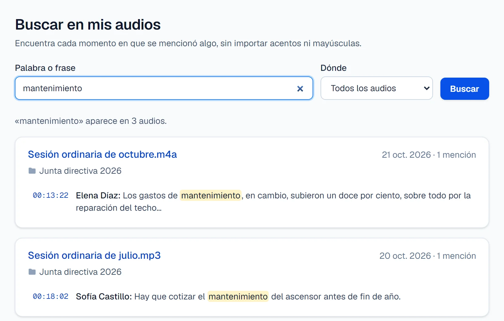 Búsqueda de una palabra en todas las grabaciones, con el minuto de cada mención.