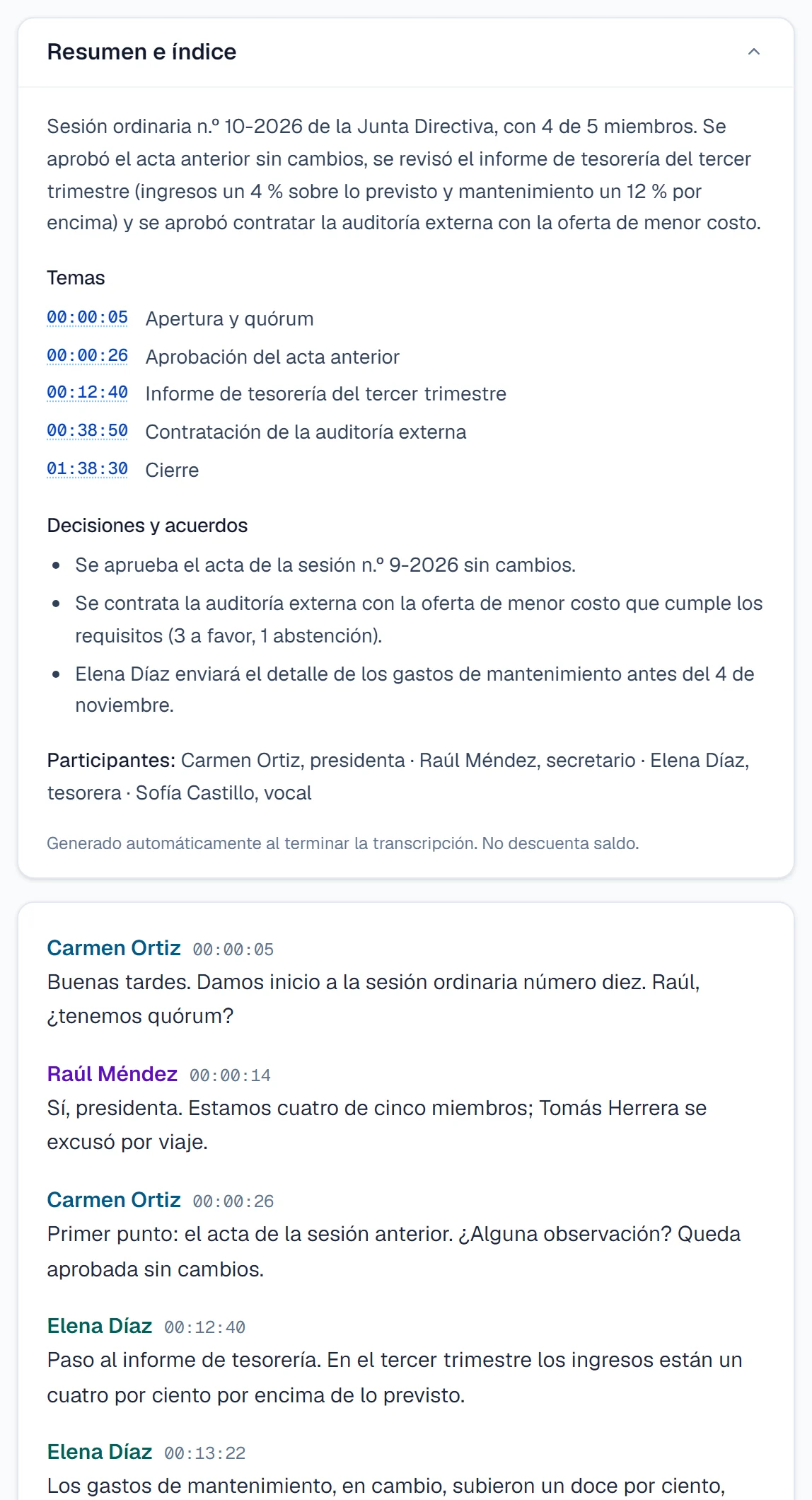 Resumen, índice de temas y transcripción con hablantes de una sesión de junta directiva.