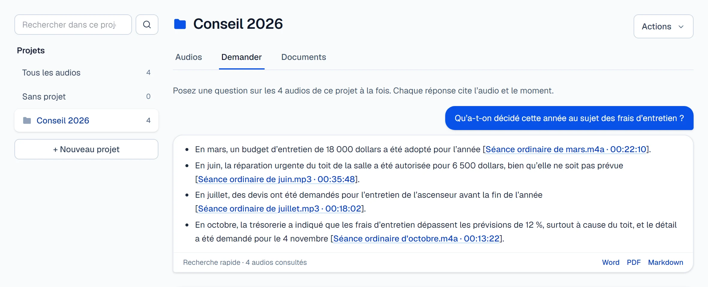 Question à tout un projet, avec des citations de quatre séances différentes.