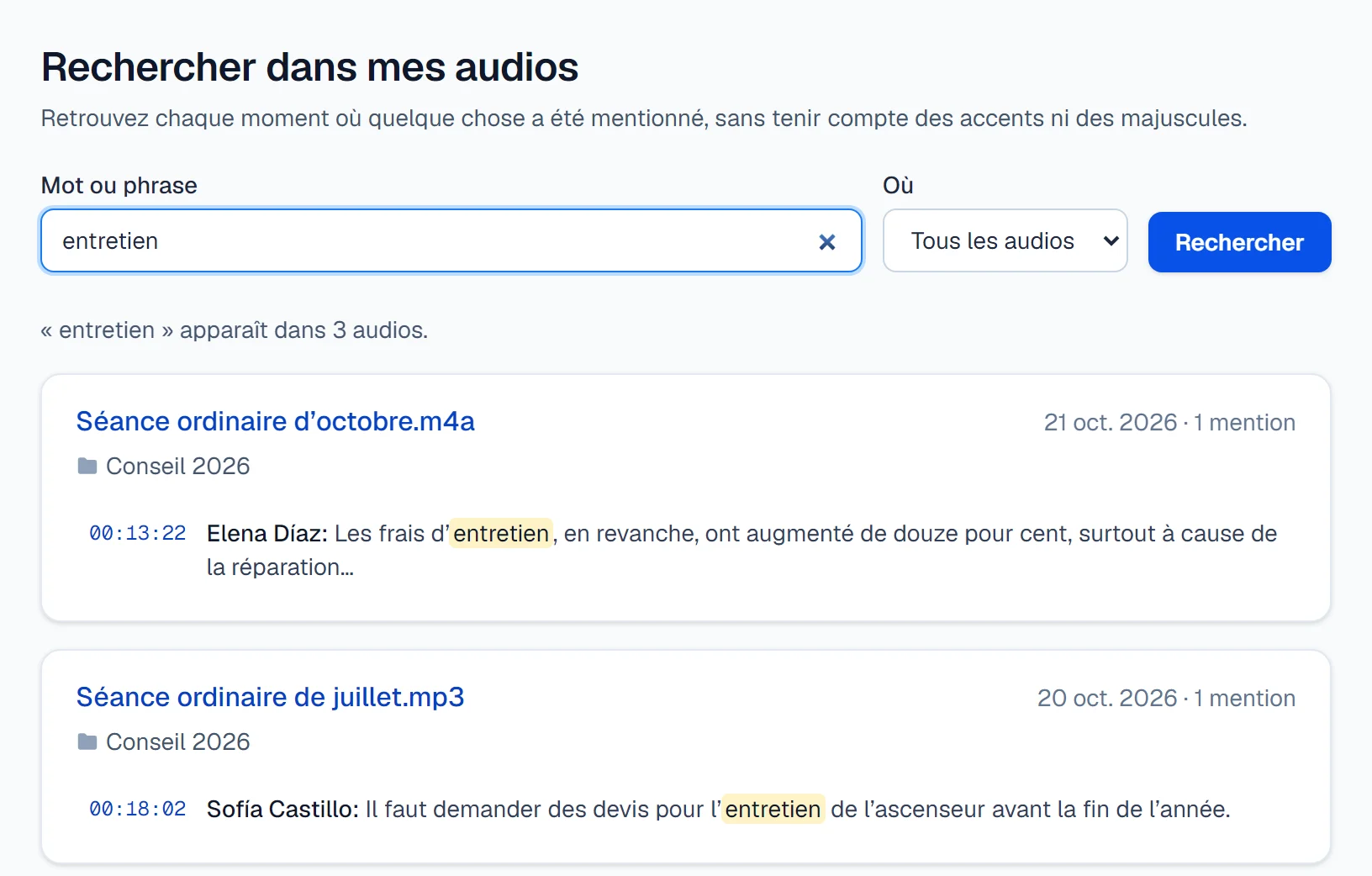 Recherche d’un mot dans tous les enregistrements, avec la minute de chaque mention.