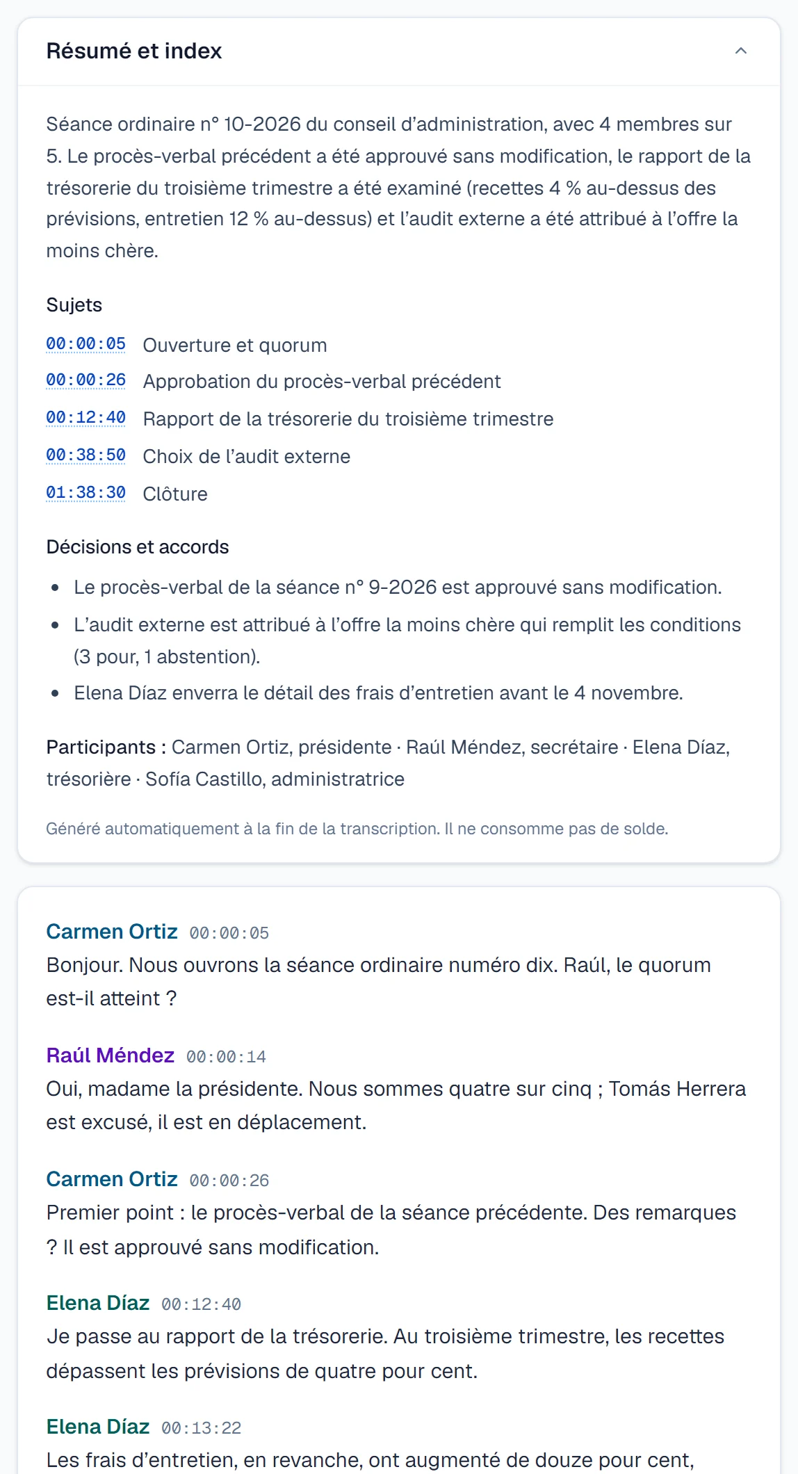 Résumé, index des sujets et transcription avec intervenants d’une séance de conseil.