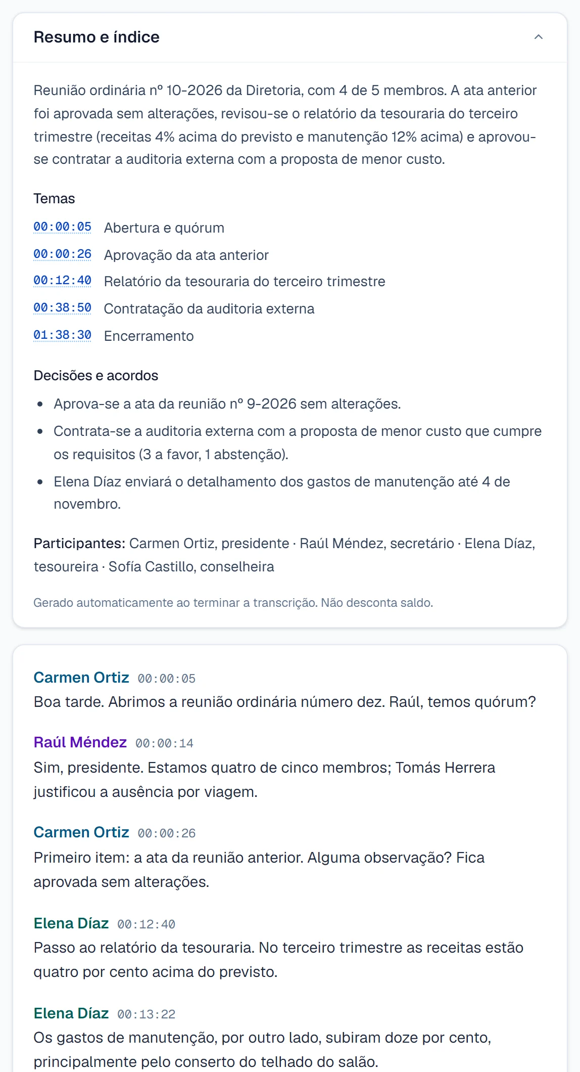 Resumo, índice de temas e transcrição com falantes de uma reunião de diretoria.